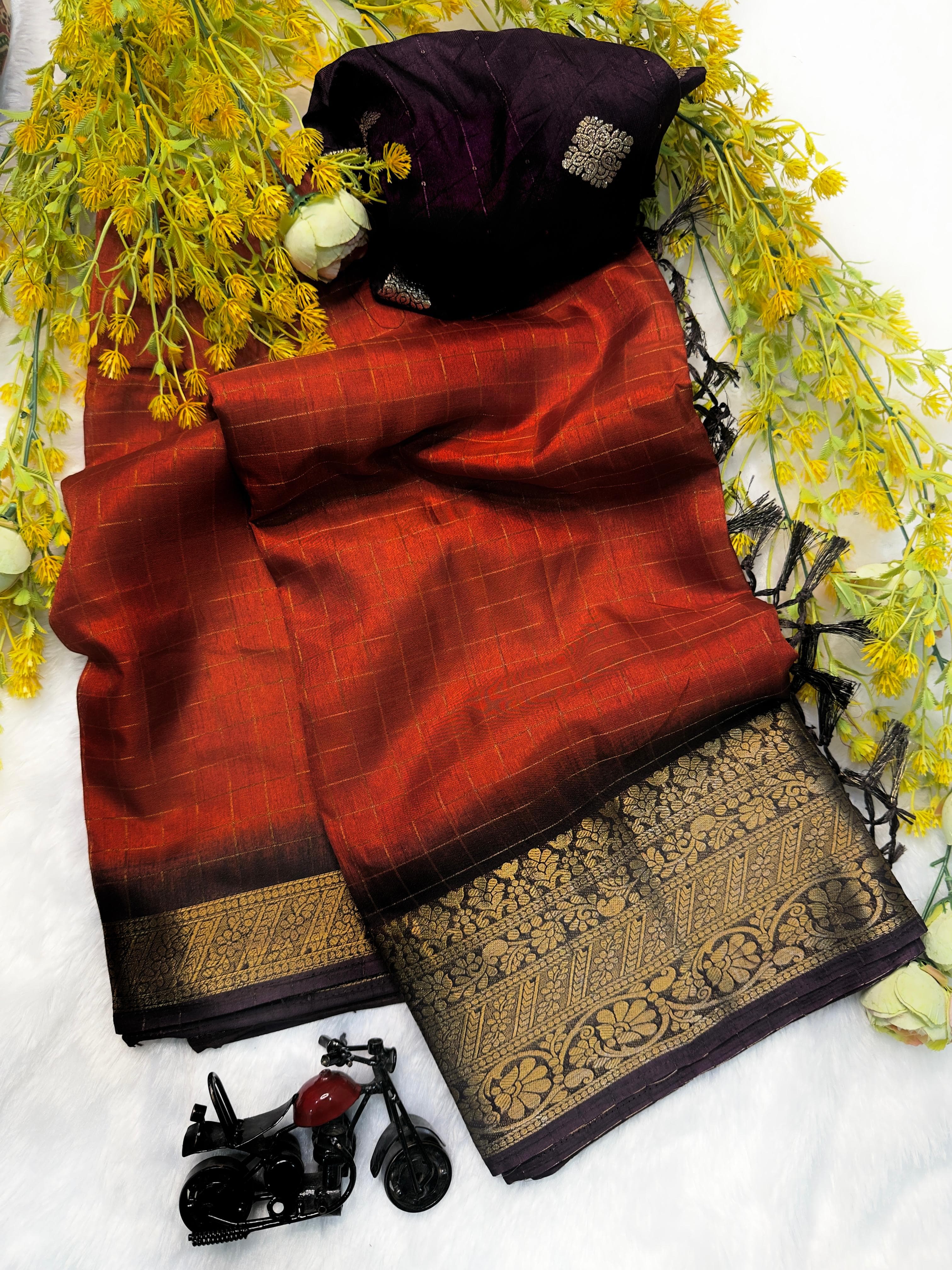 SV05      Rust fenta Orange heavy zari Dola silk Saree