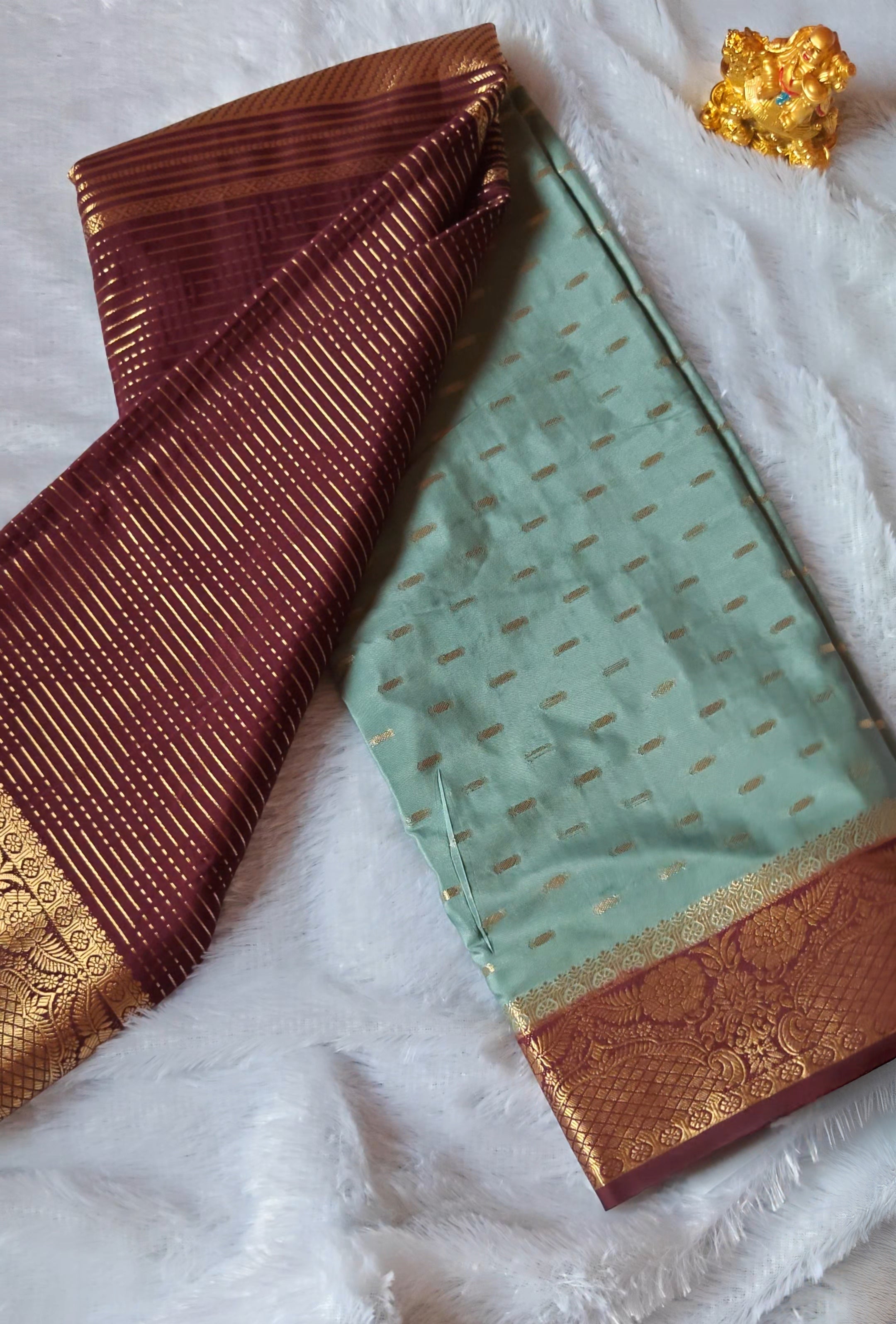 SV11      Semi Mysore Silk Crepe Saree with Rich Gold Zari Pallu & All-Over Butta - Double colour half and half