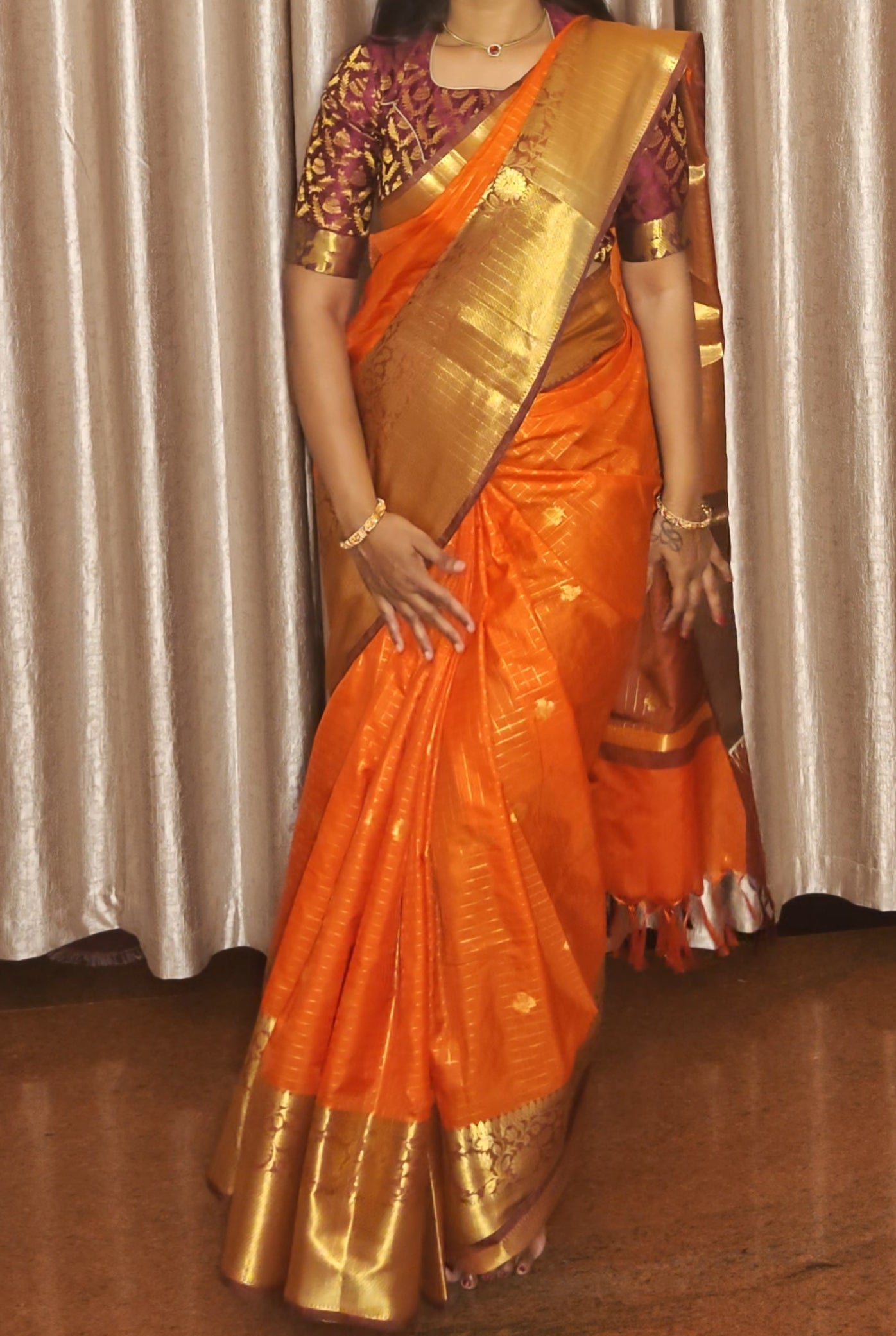 SV06 Rust Orange with Maroon Semi Banarasi saree