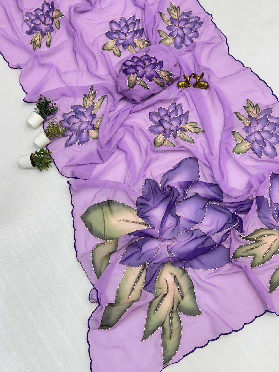 SV30  soft chiffon-style designer sarees with digital floral + butterfly prints.
