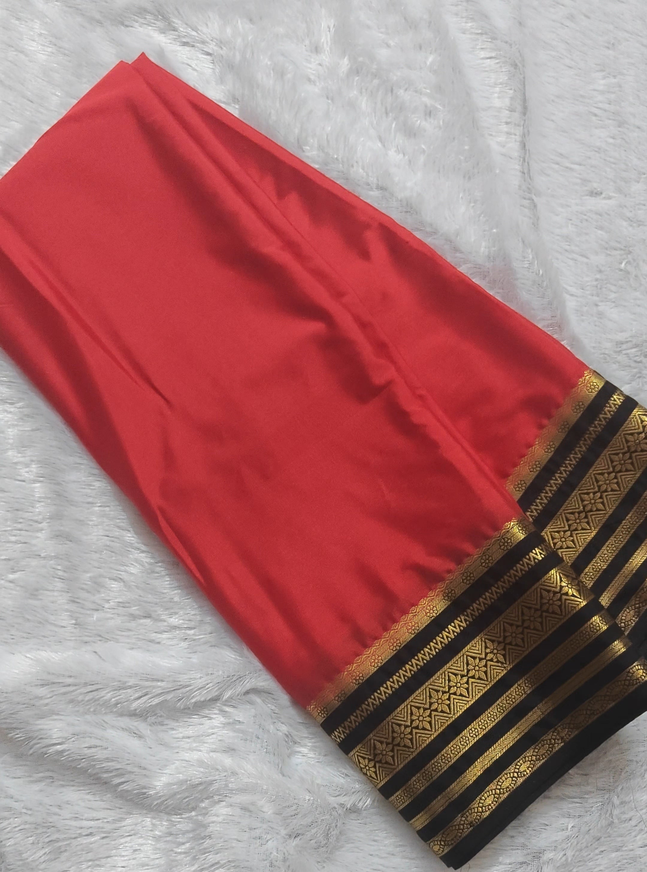 SV27   Semi Mysore crepe silk saree, Red and black, Rashmika inspired saree.
