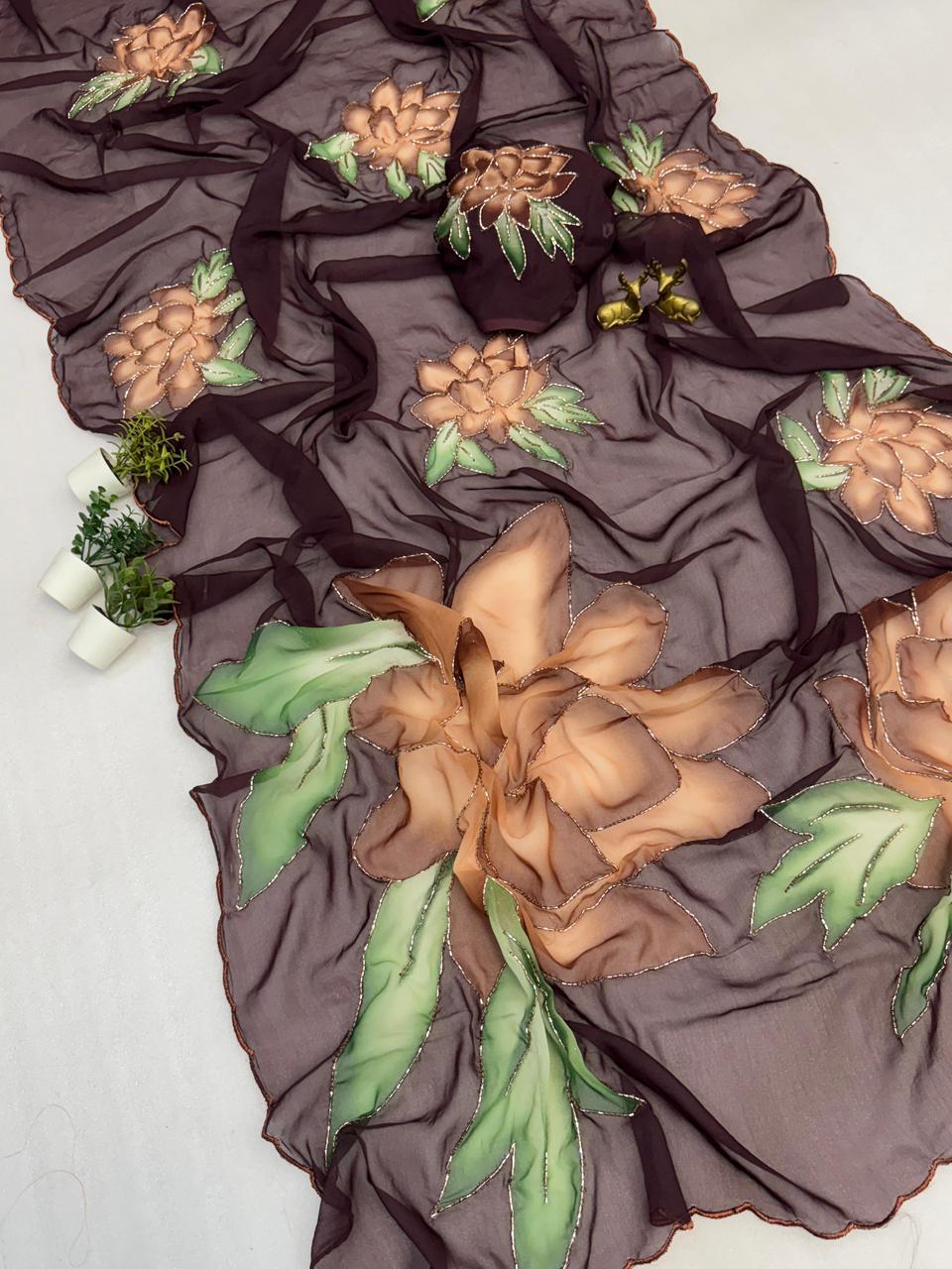 SV30  soft chiffon-style designer sarees with digital floral + butterfly prints.