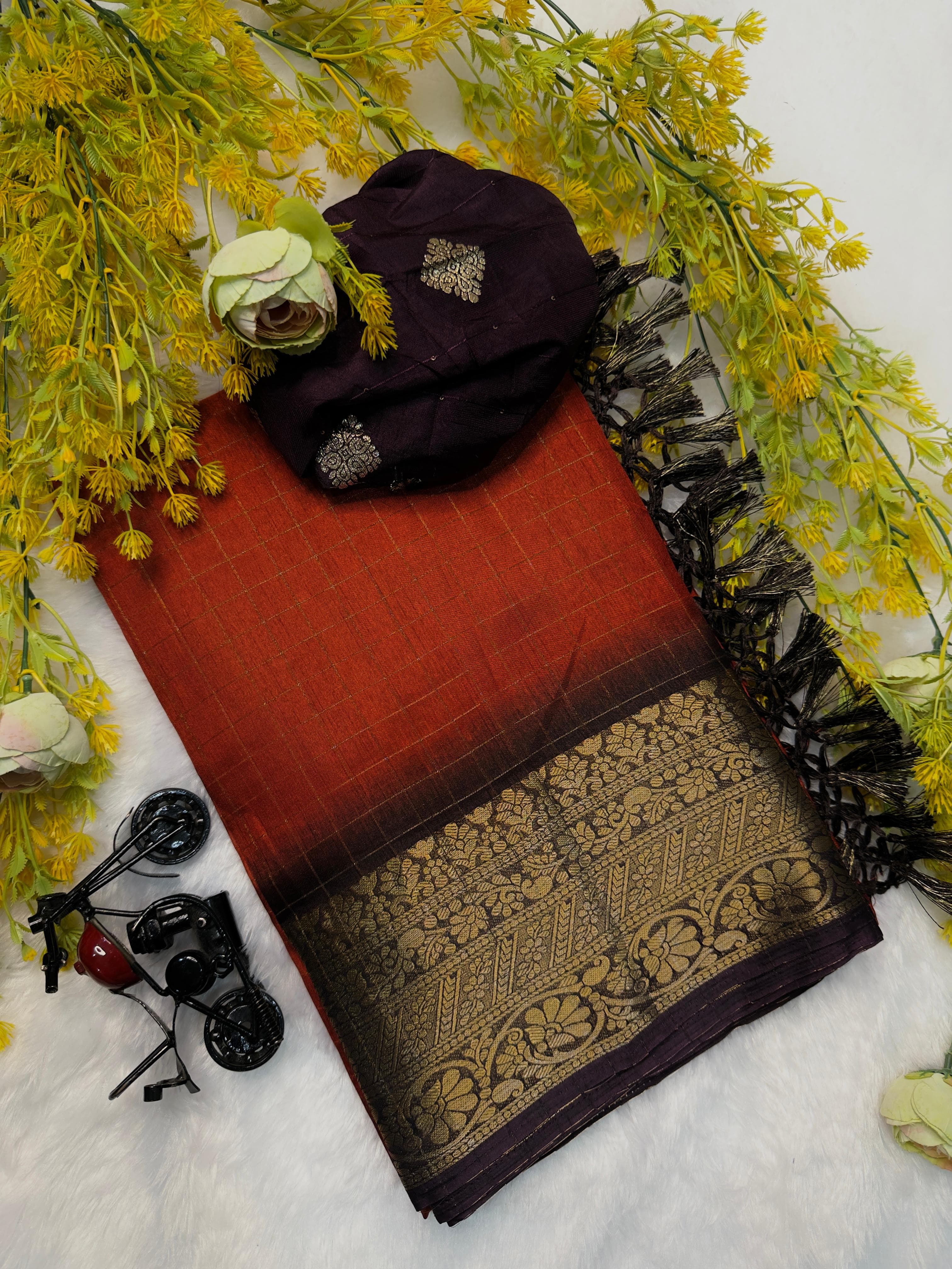 SV05      Rust fenta Orange heavy zari Dola silk Saree