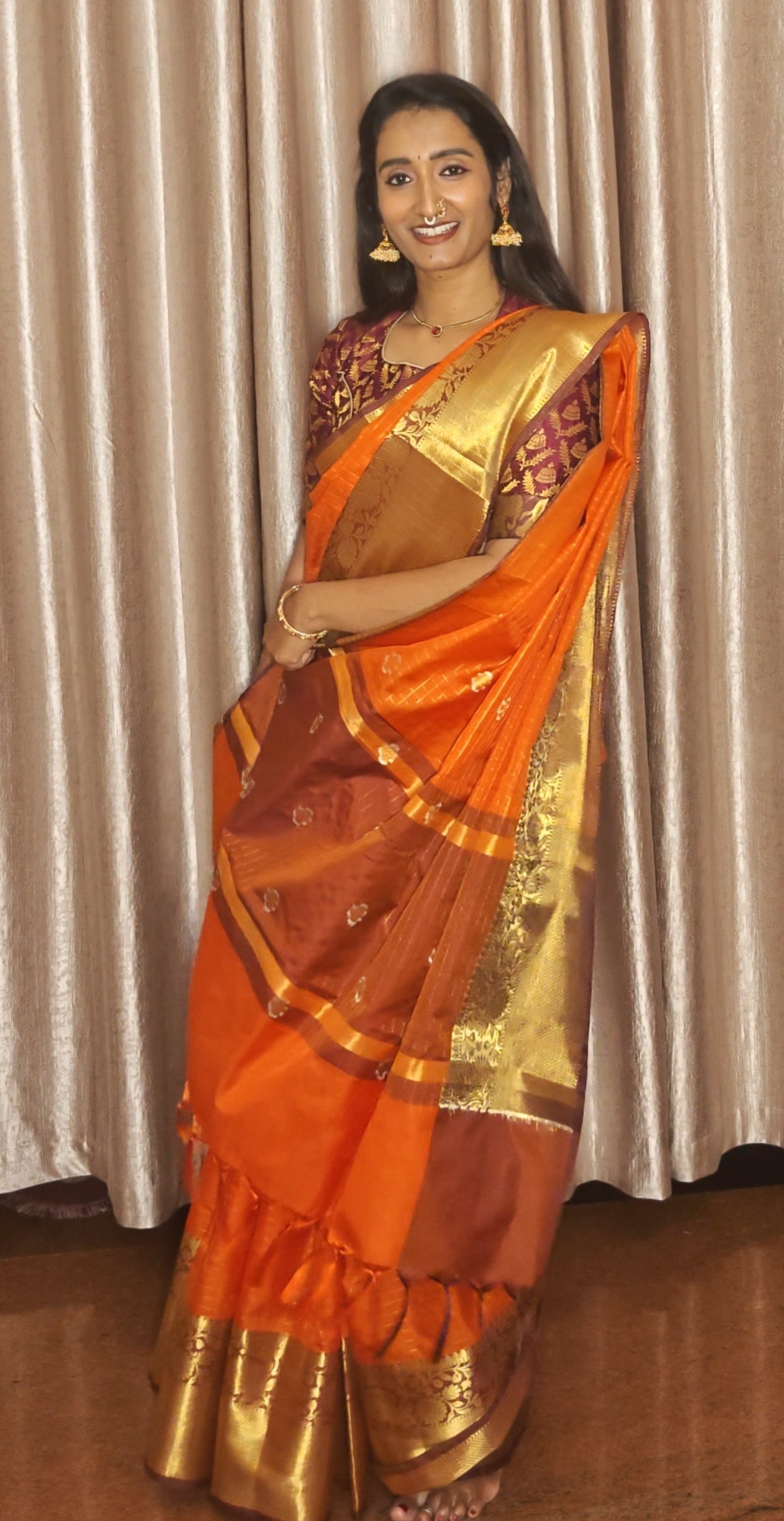 SV06 Rust Orange with Maroon Semi Banarasi saree
