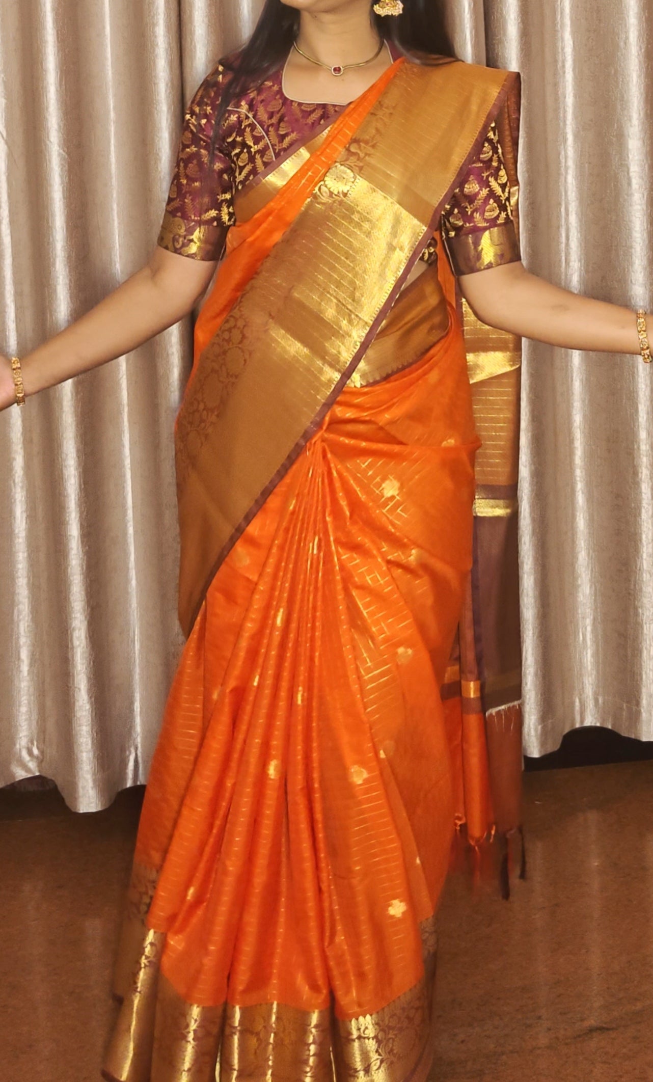 SV06 Rust Orange with Maroon Semi Banarasi saree