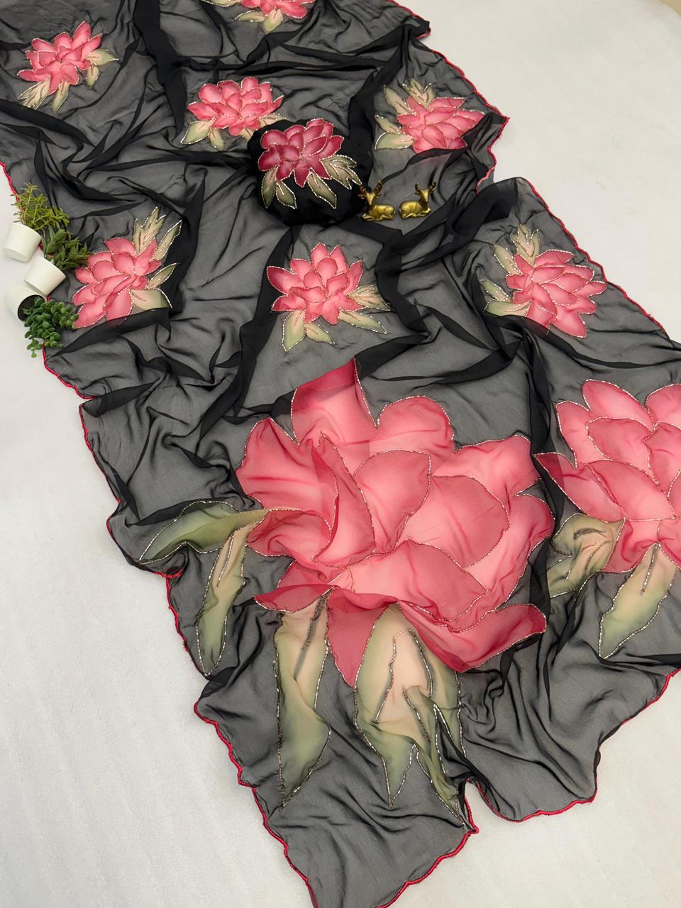 SV30  soft chiffon-style designer sarees with digital floral + butterfly prints.