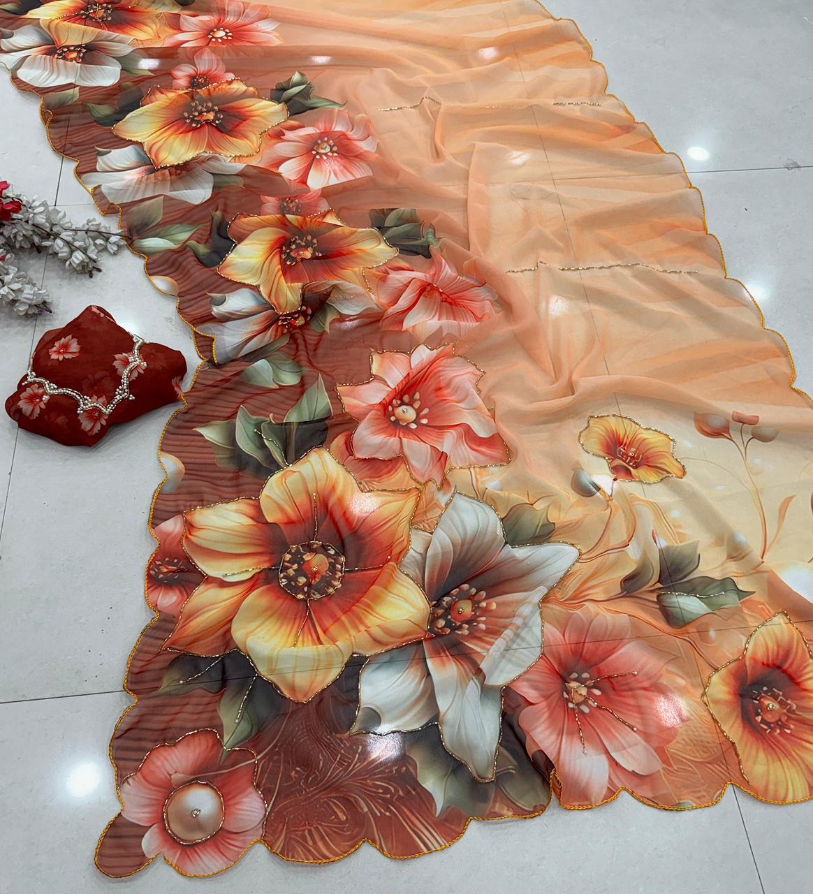 SV30  soft chiffon-style designer sarees with digital floral + butterfly prints.