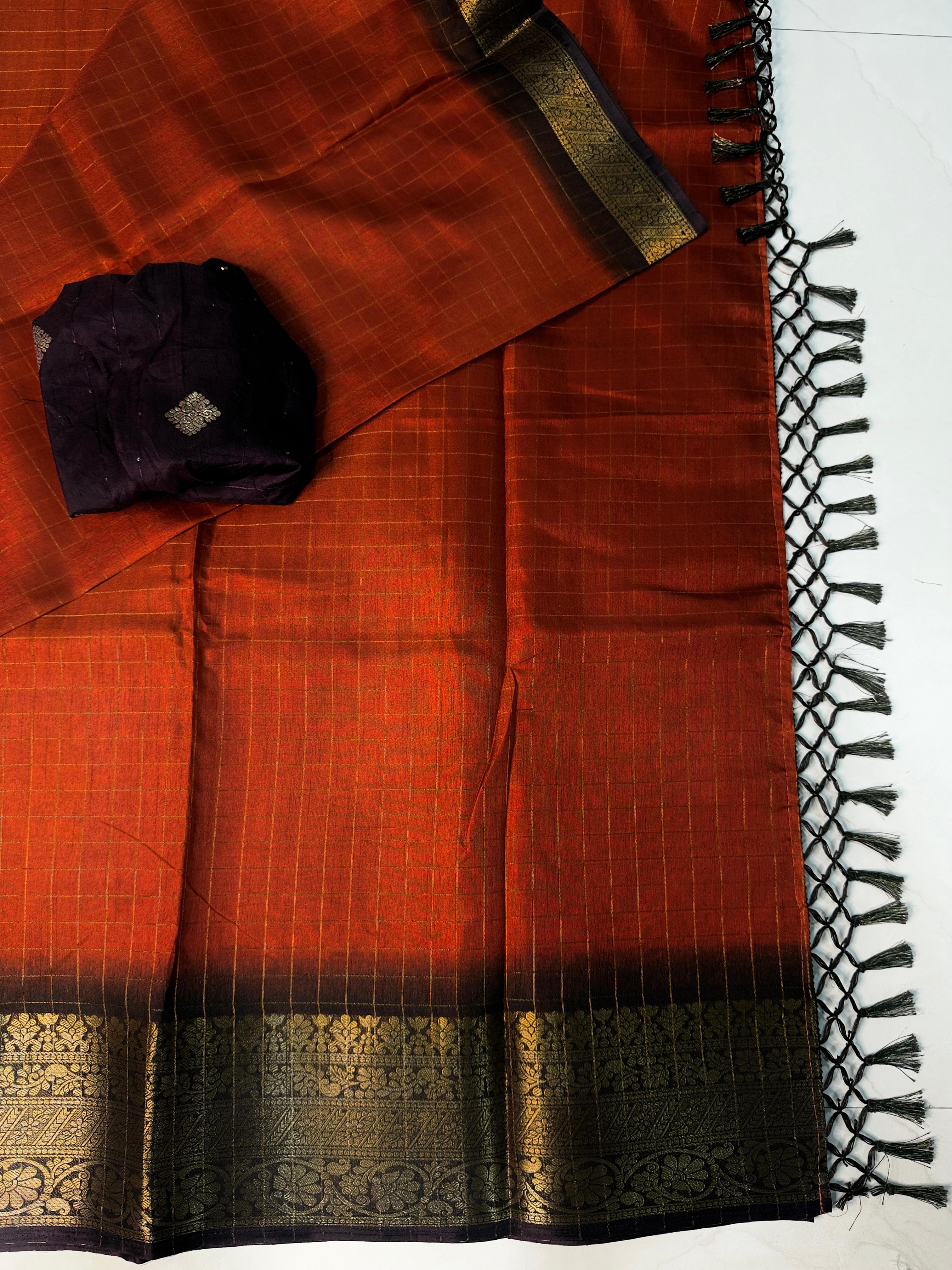 SV05      Rust fenta Orange heavy zari Dola silk Saree