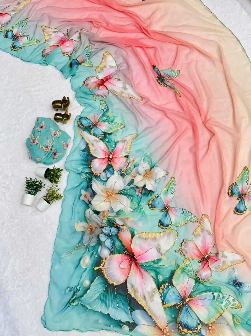 SV30  soft chiffon-style designer sarees with digital floral + butterfly prints.